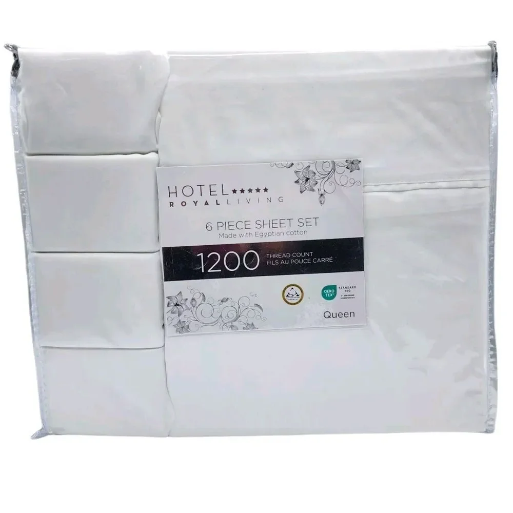 Hotel Royal Living White Queen Sheet Set 6pc 1200 Thread Count‎ Egyptian Cotton